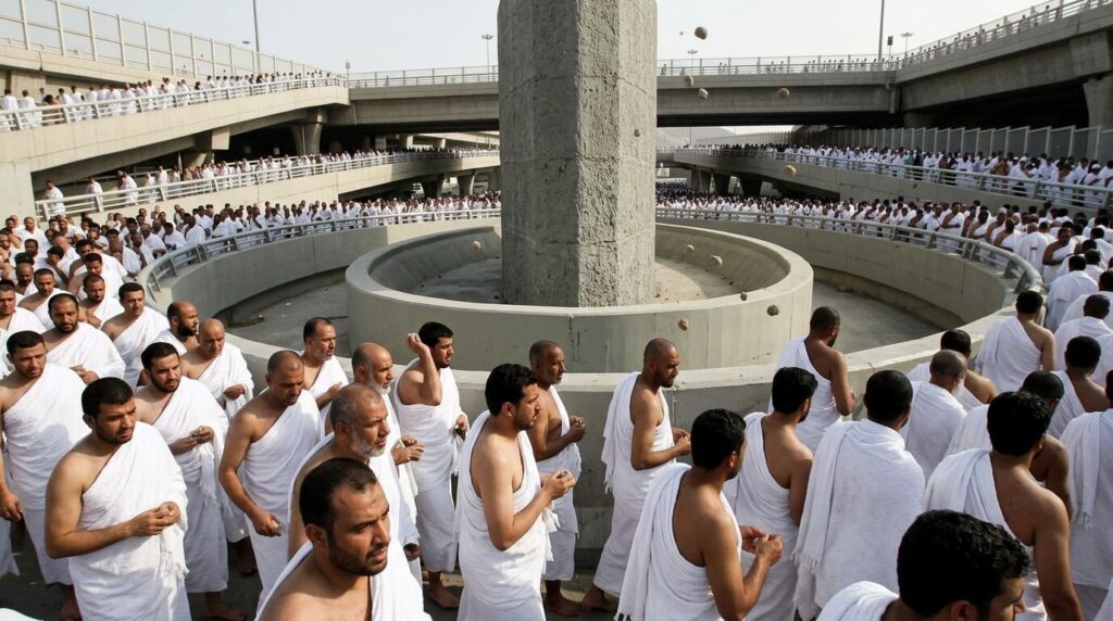 One week Hajj package — pilgrims in white ihram performing Rami at Jamarat in Mina with dense crowd in daylight
