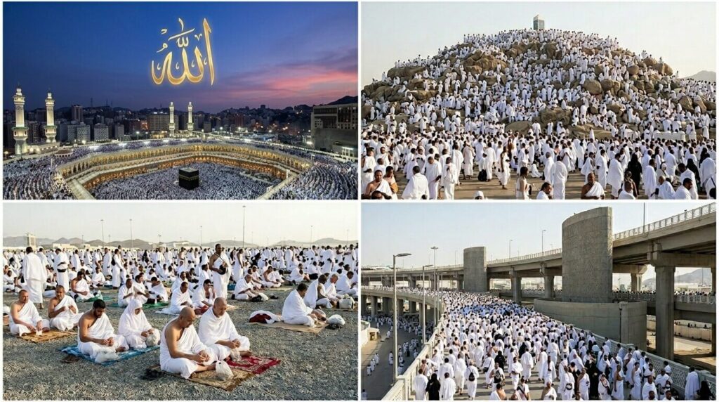 15 Days Hajj Package 2026 crowd at Kaaba, Mount Arafat, Muzdalifah prayers and Jamarat bridge