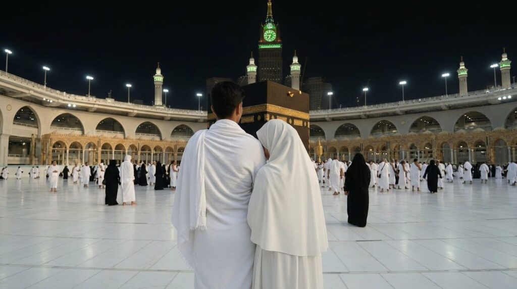 Hajj package for couples: couple in ihram facing the Kaaba in Masjid al-Haram, Makkah.