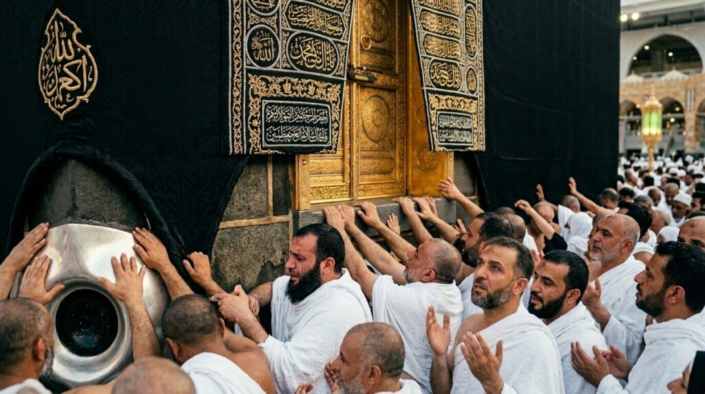 Pilgrims in white ihram touching Kaaba’s golden door and Hajar al-Aswad at Multazam, praying during Hajj in Masjid al-Haram.